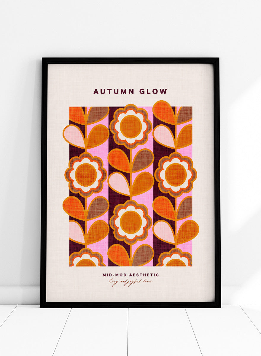 Shop Mid-Mod Autumn Glow by Dominique Vari, a retro floral wall art print poster featuring bold flowers, striped patterns, and warm orange, pink, brown, and burgundy tones.