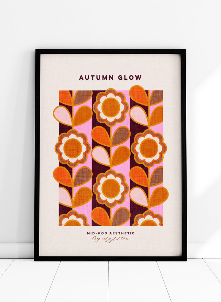 Shop Mid-Mod Autumn Glow by Dominique Vari, a retro floral wall art print poster featuring bold flowers, striped patterns, and warm orange, pink, brown, and burgundy tones.