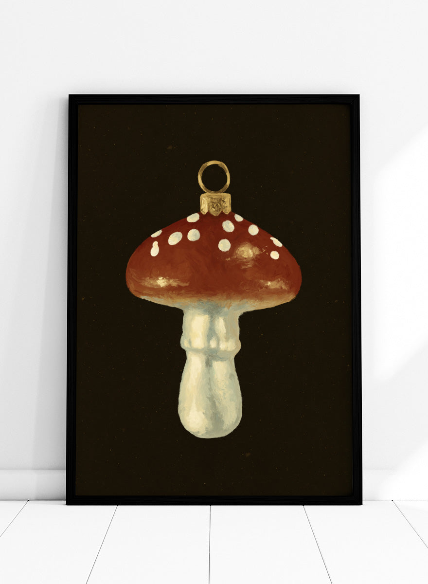 Shop Festive Mushroom Ornament by NKTN, a Christmas wall art print poster featuring a red-and-white mushroom ornament with vintage woodland holiday charm.