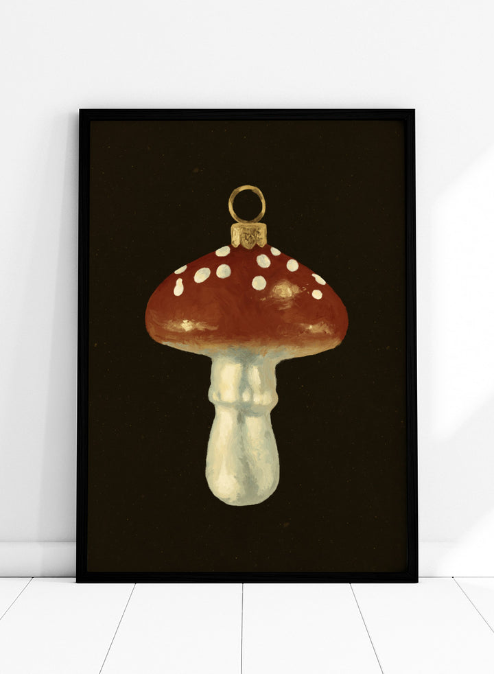 Shop Festive Mushroom Ornament by NKTN, a Christmas wall art print poster featuring a red-and-white mushroom ornament with vintage woodland holiday charm.