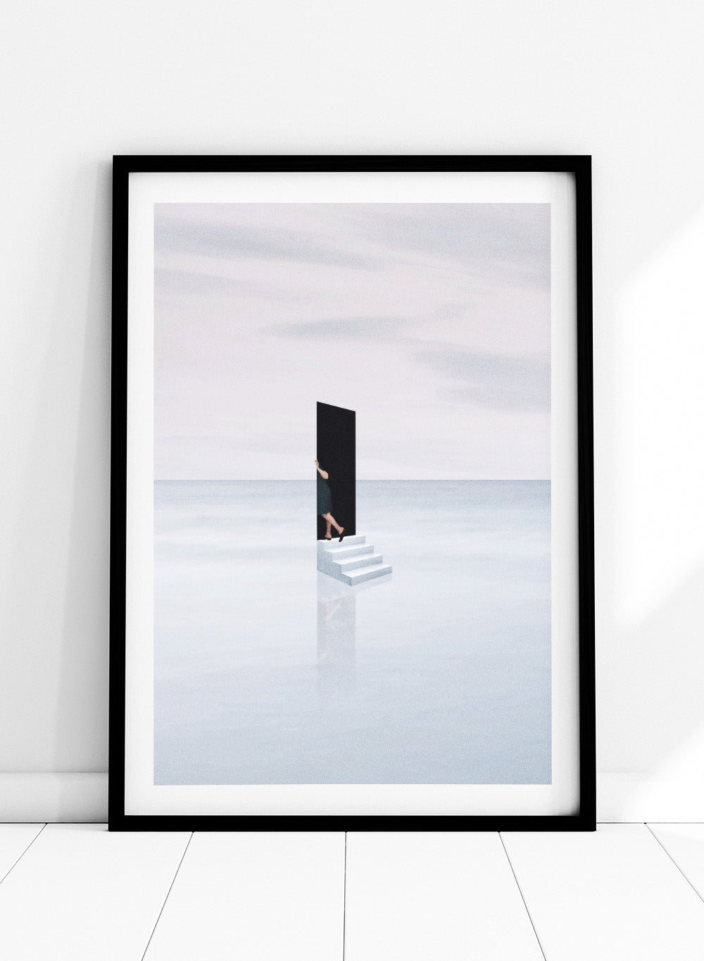 Curiosity by Maarten Léon is a minimalist collage art print showing a figure peering into a blue opening. Premium fine art print with real wood framing.