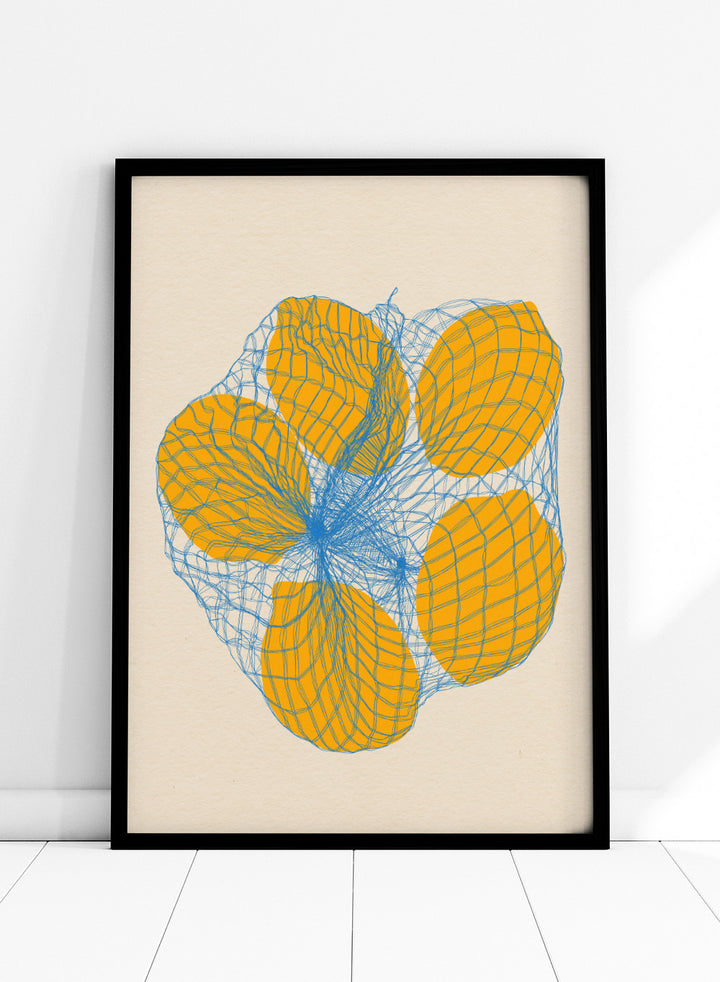 Geometric design with orange shapes and blue lines on a beige background. Five Lemons In a Net Bag by Rosi Feist is a modern minimalist fruit art print with Bauhaus design, officially licensed fine art poster.