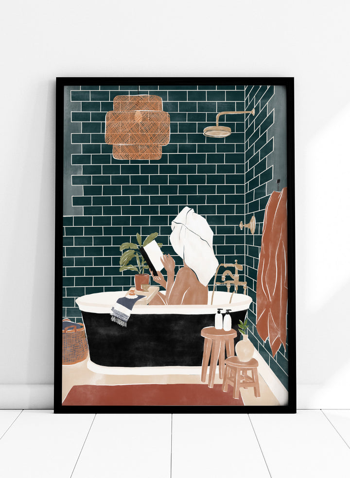 Bathroom Babe by Ivy Green is a contemporary illustration art print featuring a woman relaxing in a bathtub. Premium fine art print with real wood framing.