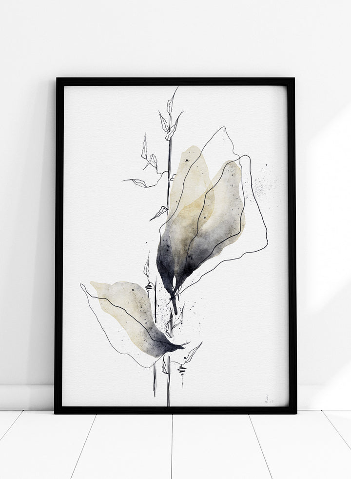 Minimalist watercolor and ink botanical art print featuring abstract leaves and stems on a white background. Shop Watercolor Botanical Elegance by Ankie Kooi, a botanical wall art print poster with abstract watercolor leaves, minimalist line art, yellow, gray, and cream.