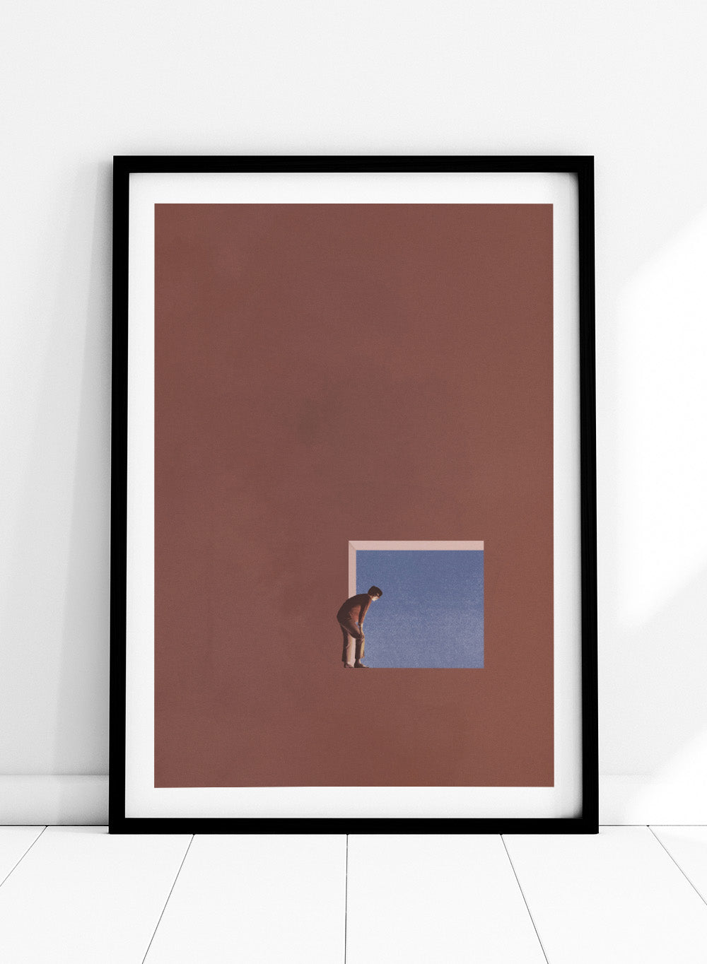 Curiosity by Maarten Léon is a minimalist collage art print showing a figure peering into a blue opening, exploring themes of curiosity and quiet discovery.