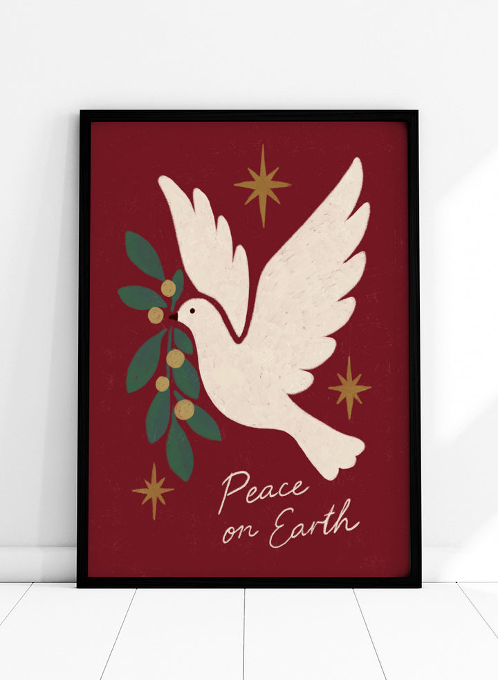 Shop Peace On Earth Dove by Katarzyna Gąsiorowska, a Christmas wall art print poster featuring a white peace dove, olive branch, stars, and festive holiday message.