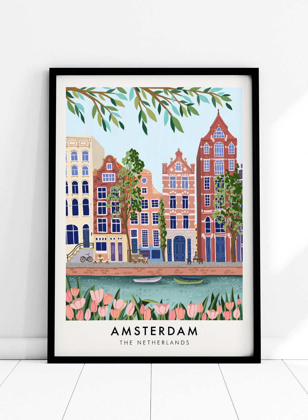 Illustration of Amsterdam with buildings, canal, and tulips.