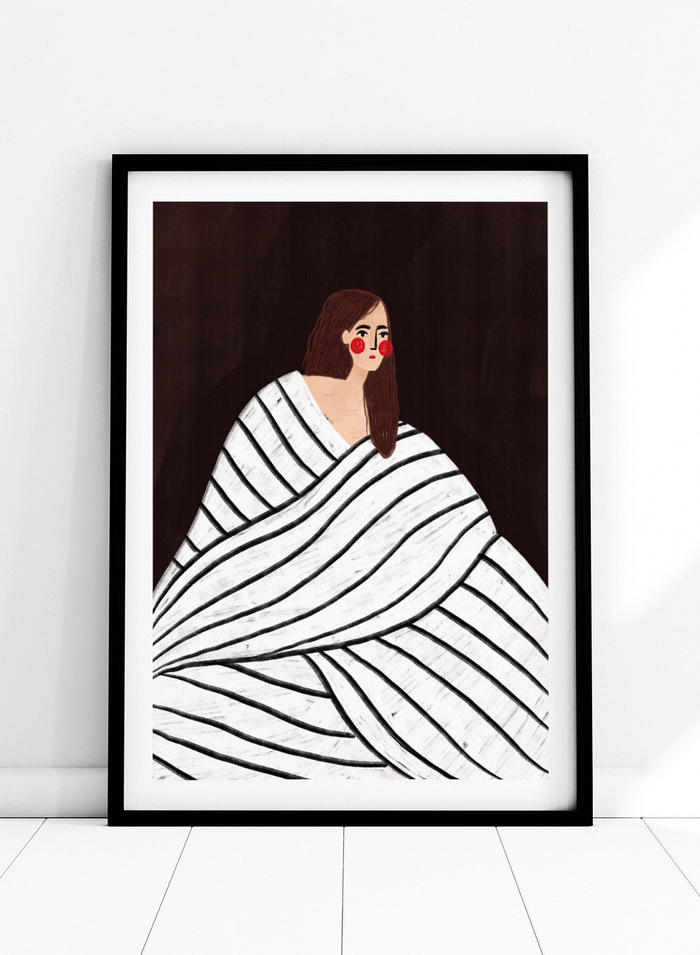 The Woman With Black and White Stripes by Bea Müller is an officially licensed art print featuring a bold modern portrait with graphic stripes. Available framed or unframed.