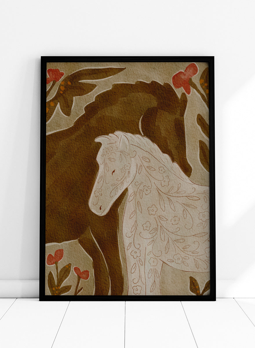 Shop Gentle Floral Horses by Nikita Jariwala, a decorative horse wall art print featuring two horses, botanical pattern, folk-inspired detail, and warm earthy tones.