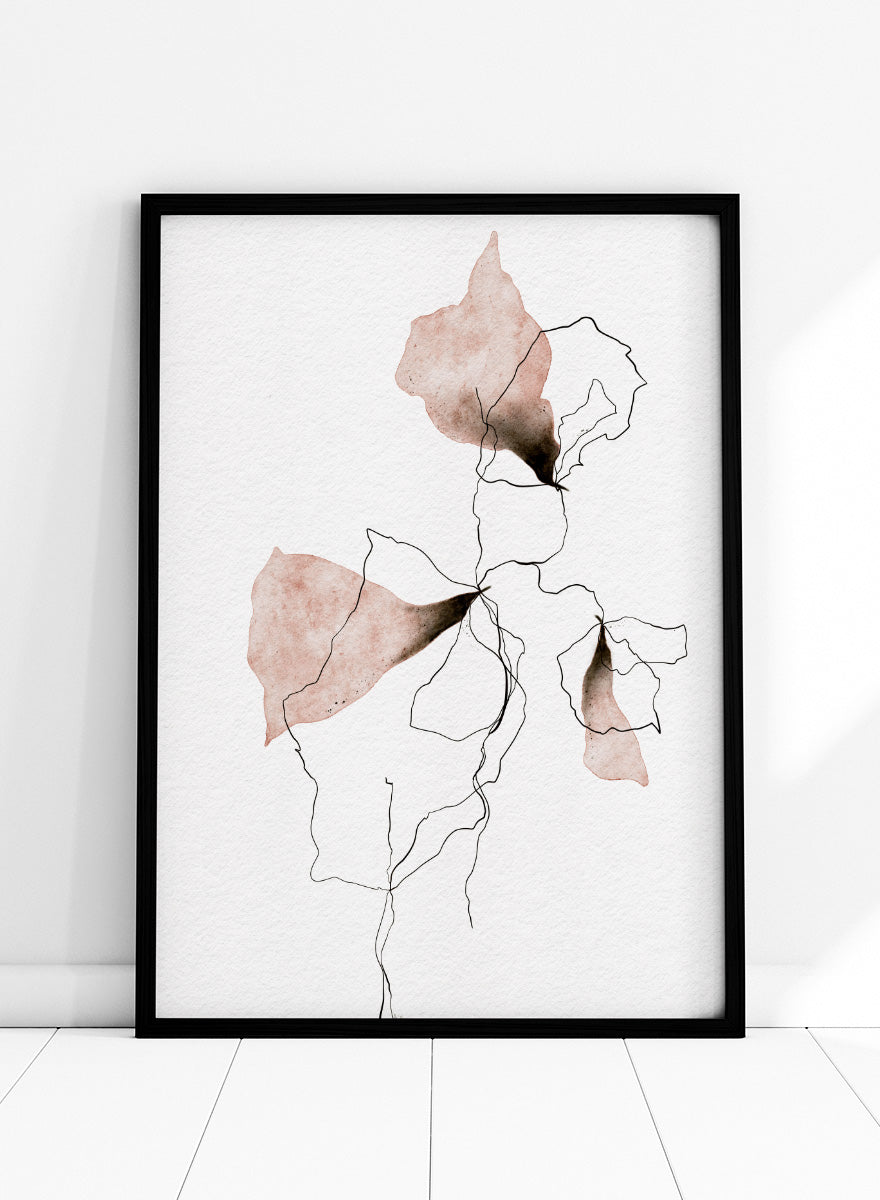 Shop Delicate Blush Botanicals by Ankie Kooi, a modern floral wall art print poster with abstract watercolor flowers, botanical line art, pink, cream, and black.