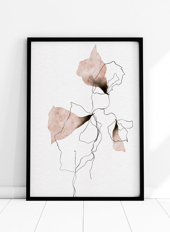 Shop Delicate Blush Botanicals by Ankie Kooi, a modern floral wall art print poster with abstract watercolor flowers, botanical line art, pink, cream, and black.