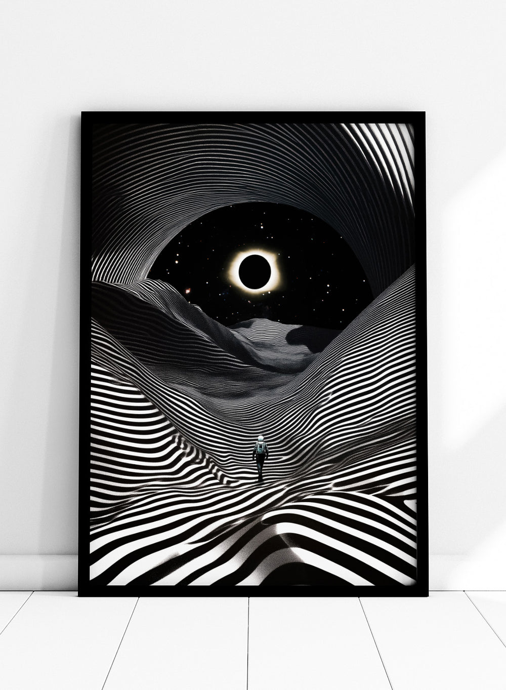 Black and white abstract design with a person standing in a tunnel-like pattern, featuring a celestial body in the center. New Adventures In Foreign Lands by Taudalpoi astronaut eclipse art print with black and white striped landscape and cosmic sky surreal poster.