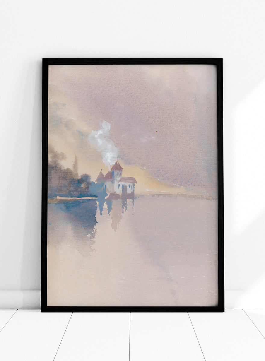 A framed watercolor landscape painting depicting a small white house with a smoking chimney on a calm lake, rendered in soft pastel tones of beige, lavender, blue, and gray. Château de Chillon by Hercules Brabazon Brabazon is a vintage watercolor art print featuring the Swiss castle, Lake Geneva, and soft pastel tones.