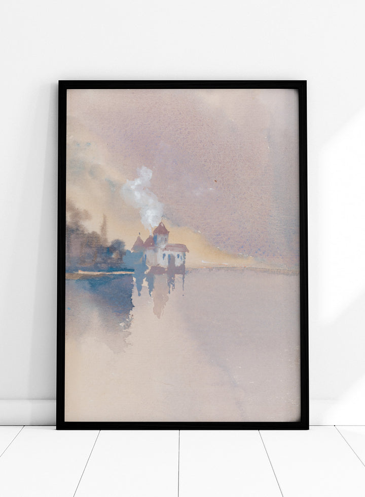 A framed watercolor landscape painting depicting a small white house with a smoking chimney on a calm lake, rendered in soft pastel tones of beige, lavender, blue, and gray. Château de Chillon by Hercules Brabazon Brabazon is a vintage watercolor art print featuring the Swiss castle, Lake Geneva, and soft pastel tones.