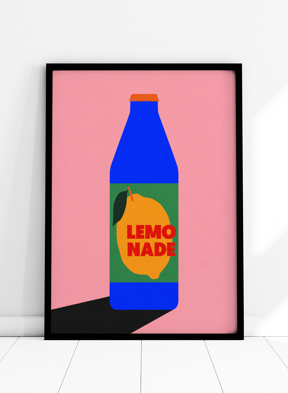 Blue bottle labeled 'Lemonade' with a lemon graphic on a pink background. Lemonade by Rosi Feist is a contemporary food and drink art print, perfect as modern kitchen poster wall decor with bold graphic design.