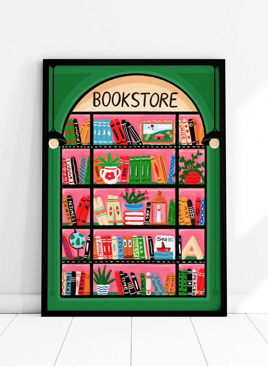 A colorful illustrated storefront sign for a bookstore, showing an arched window with shelves of books, plants, and small objects in bright pink, green, orange, blue, and yellow tones. Shop Charming Bookstore Shelf by Nidhi Kachhadiya, a colorful bookstore wall art print with bookshelves, plants, graphic shapes, and bold pink and green tones.