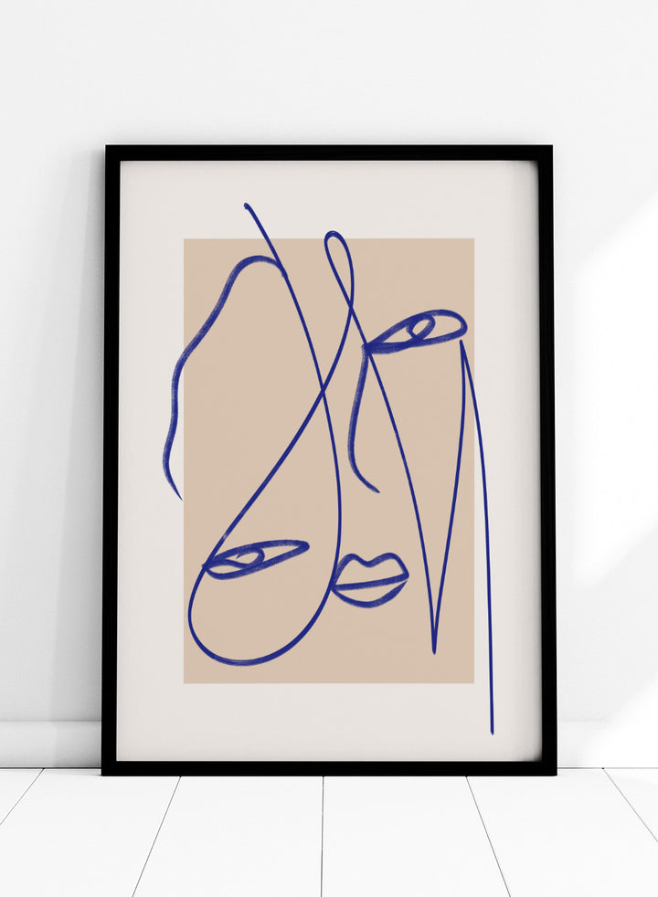 Abstract Blue Line Art print by Little Dean. Modern minimalist face illustration in bold blue linework, contemporary wall art poster.