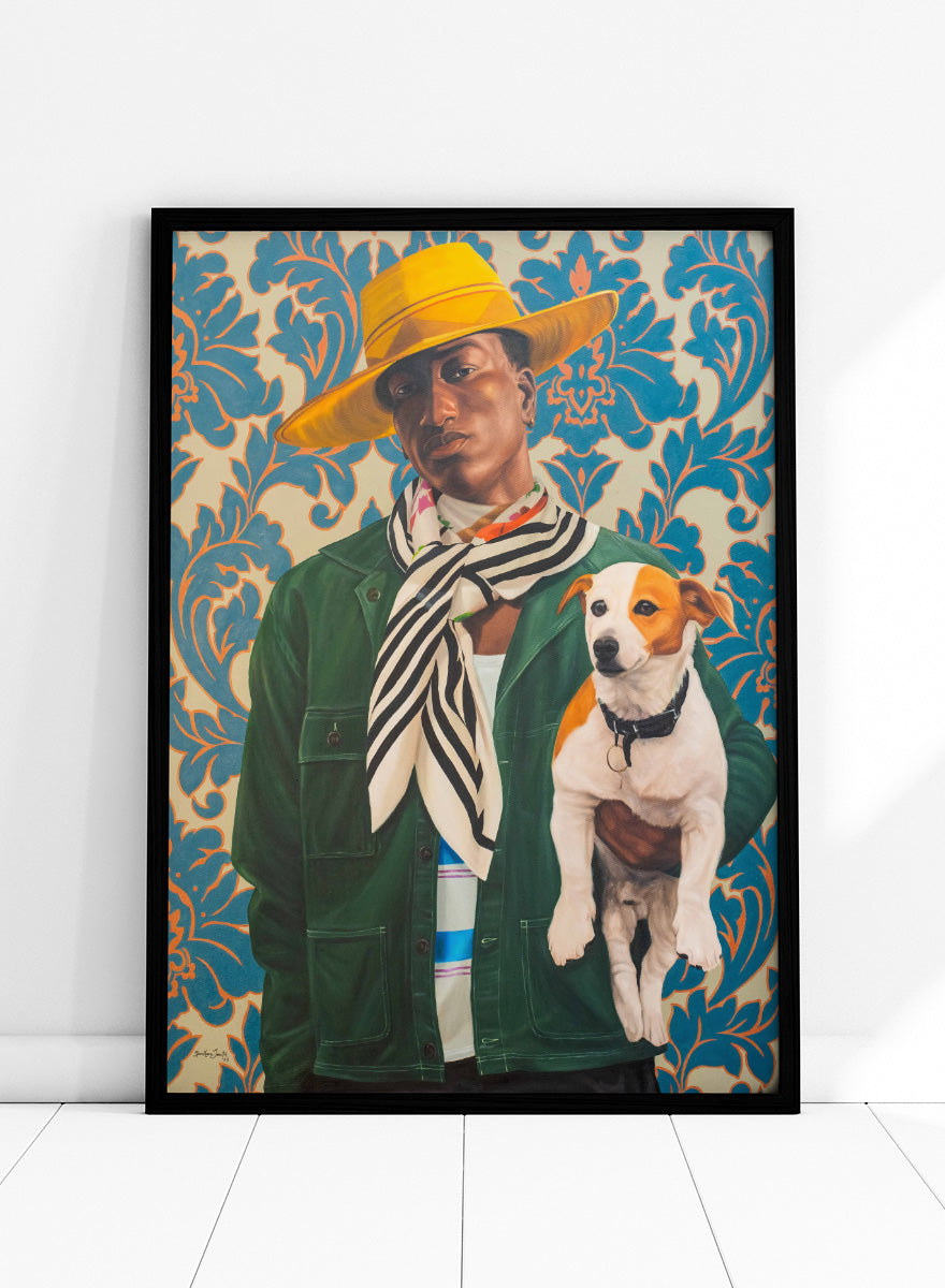 A stylized portrait painting of a person wearing a wide yellow hat, green jacket, and striped scarf, holding a white and tan dog against a blue and beige damask-patterned background. Shop Stylish Man and Dog by Damilare Jamiu, a contemporary figurative wall art print featuring a stylish man, small dog, bold fashion, and rich green and blue tones.