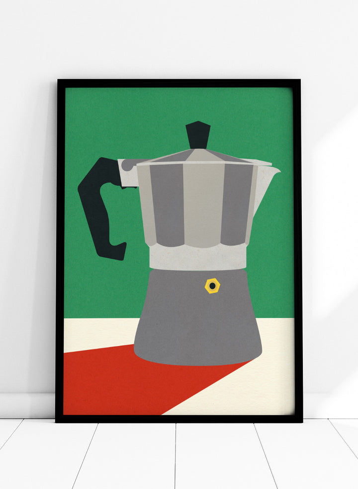 Stylized illustration of a Moka pot on a green, white, and red background. Stylized illustration of a Moka pot on a green, white, and red background. Espresso Italiano by Rosi Feist is a minimalist moka pot kitchen art print with Bauhaus-inspired color. Officially licensed modern poster with framing.