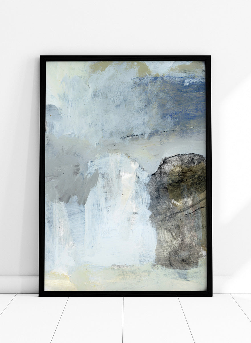 Shop Blue by Dan Hobday, a contemporary abstract art print in soft blue, white, and gray with layered texture and a clean, modern look.