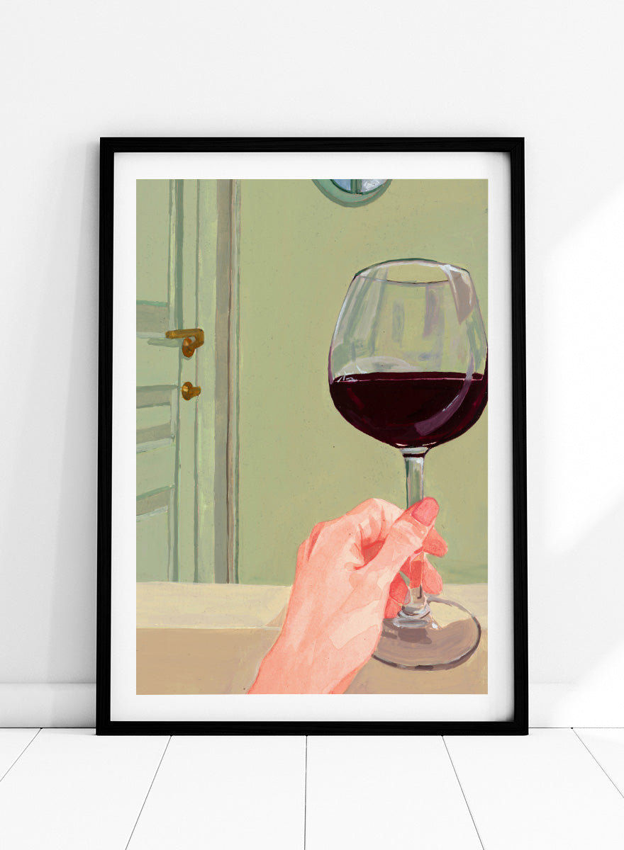 Shop Relaxing Wine Moment by Sophia Novosel, a modern wall art print poster featuring a hand holding red wine in a soft green interior with warm tones.