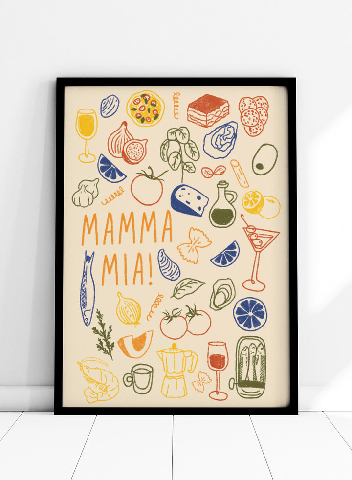 A framed art print featuring a cream-colored background decorated with hand-drawn, colorful Italian-themed illustrations, including pasta, pizza, wine, tomatoes, and a coffee maker, with the text &