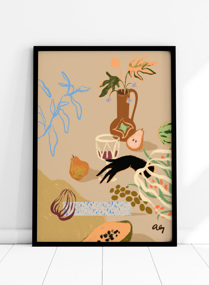 Pass Me The Pear by Arty Guava is a modern still life art print with pears, fruit, and expressive hand-drawn shapes. Officially licensed wall poster.
