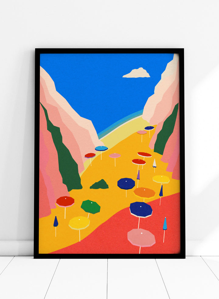 Colorful umbrellas on a red and yellow landscape with mountains and blue sky. Lido Liguria by Rosi Feist is a modern coastal art print with bold Mediterranean color, beach umbrellas, and minimalist Italian travel poster style.