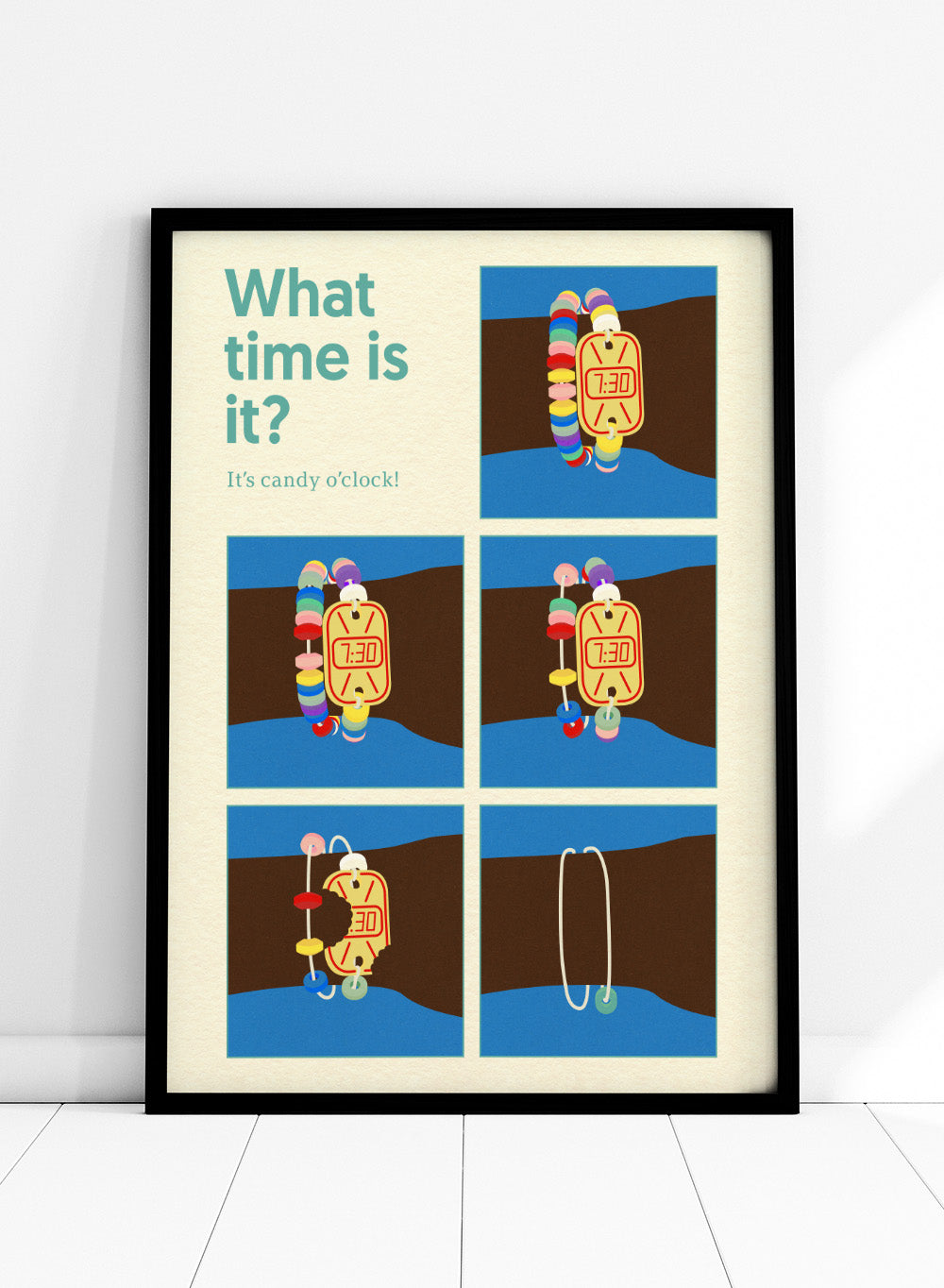 Cartoon character with a candy clock on wrist, asking 'What time is it? It's candy o'clock!' on a blue and brown background. Poster Candy Clock by Rosi Feist is a playful candy bracelet art print with bold Bauhaus design and retro color. Officially licensed modern wall poster.