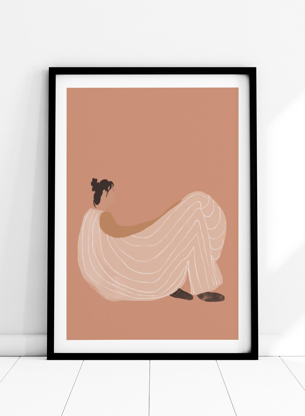 Warm minimalist woman art print by Casa Cartissi featuring soft peach tones and relaxed figure illustration. Contemporary modern wall poster with calm, sunlit aesthetic.
