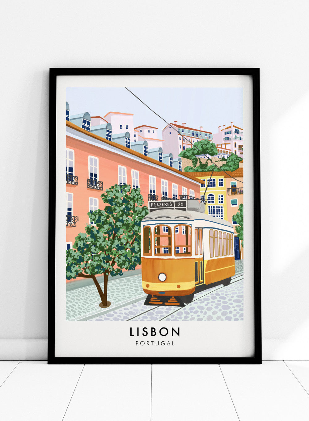 Lisbon Portugal Yellow Tram 28 Colorful Buildings Travel City Art Print | Cityscape Landscape Illustration, Europe Travel Poster
