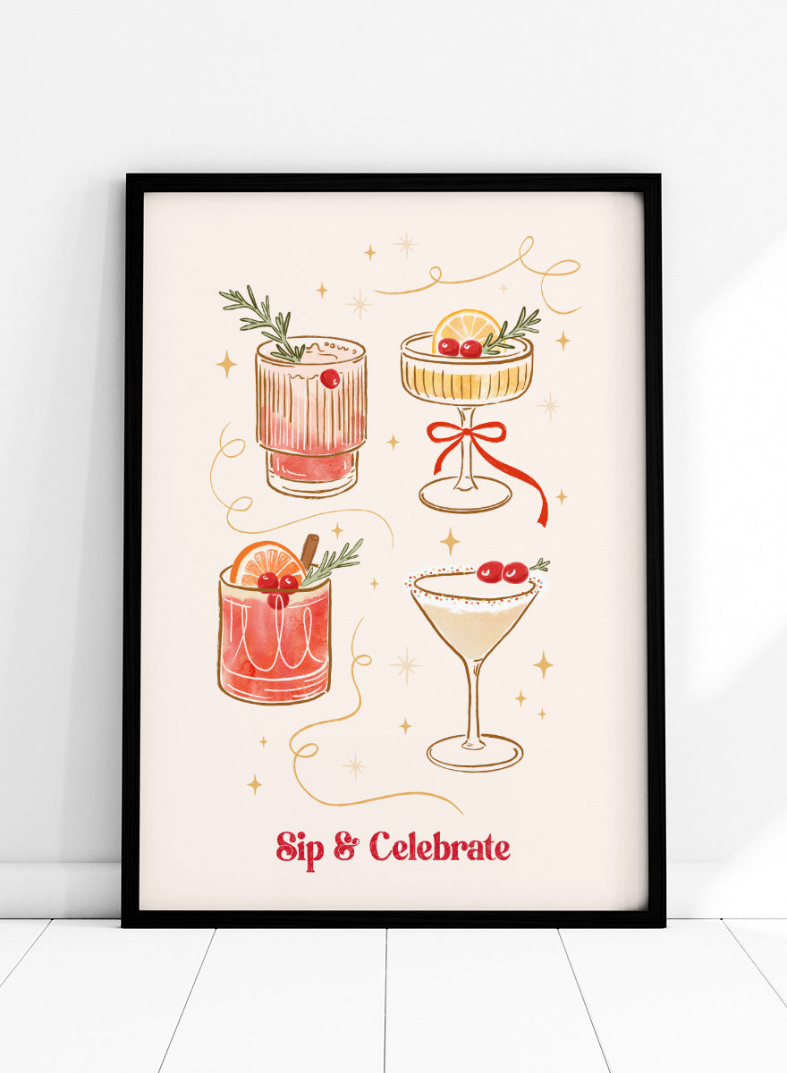 Shop Festive Holiday Christmas Cocktails by Katarzyna Gąsiorowska, a festive cocktail wall art print poster featuring illustrated drinks, cherries, and citrus.