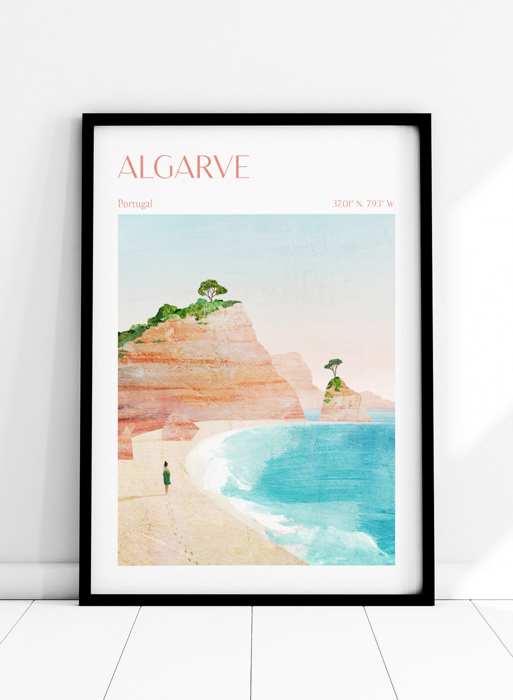 Illustration of a beach scene with cliffs and a person standing on the shore, labeled 'Algarve, Portugal'. Algarve Coastal Walk by Longwayhome is a minimalist coastal landscape art print featuring Portugal cliffs, turquoise ocean scenery, and modern travel inspired design.