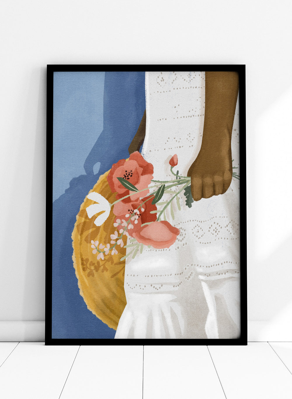 Close-up of a person holding a floral arrangement with a blue background. Feeling Blue by Goed Blauw is a figure art print and wall poster featuring a woman holding flowers with a deep blue background and soft tones.
