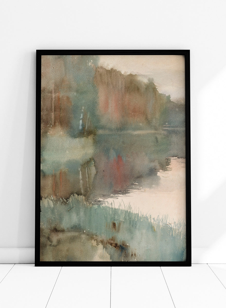 Shop Seashore at Haikko in Autumn by Albert Edelfelt, a vintage Finnish landscape wall art print poster featuring a misty autumn shoreline in green tones.