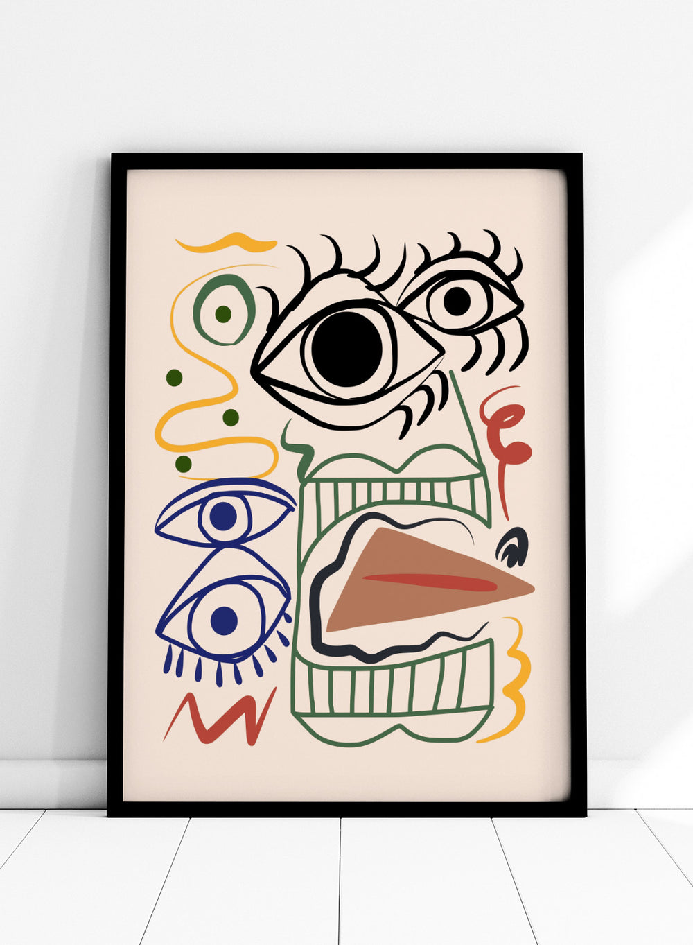 Abstract artwork with eyes and wavy lines on a beige background. Bizarre Totem by Little Dean abstract face art print featuring surreal graphic shapes and eyes, modern contemporary illustration wall art poster.