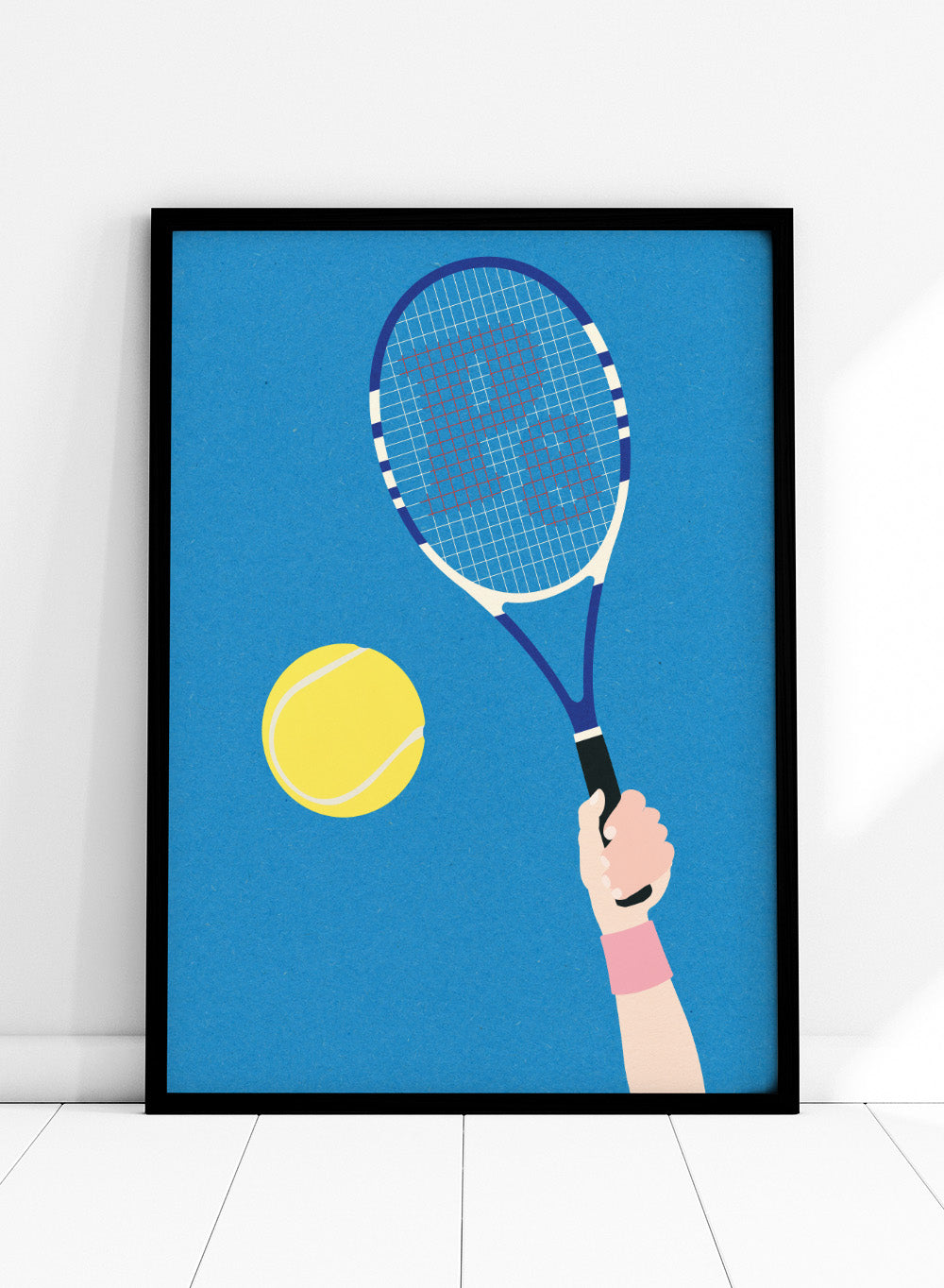 Tennis racket and ball on a blue background. Perfect Serve by Rosi Feist is a modern minimalist tennis art print featuring bold graphic color, clean lines, and Bauhaus-inspired design. Officially licensed fine art poster with framing.