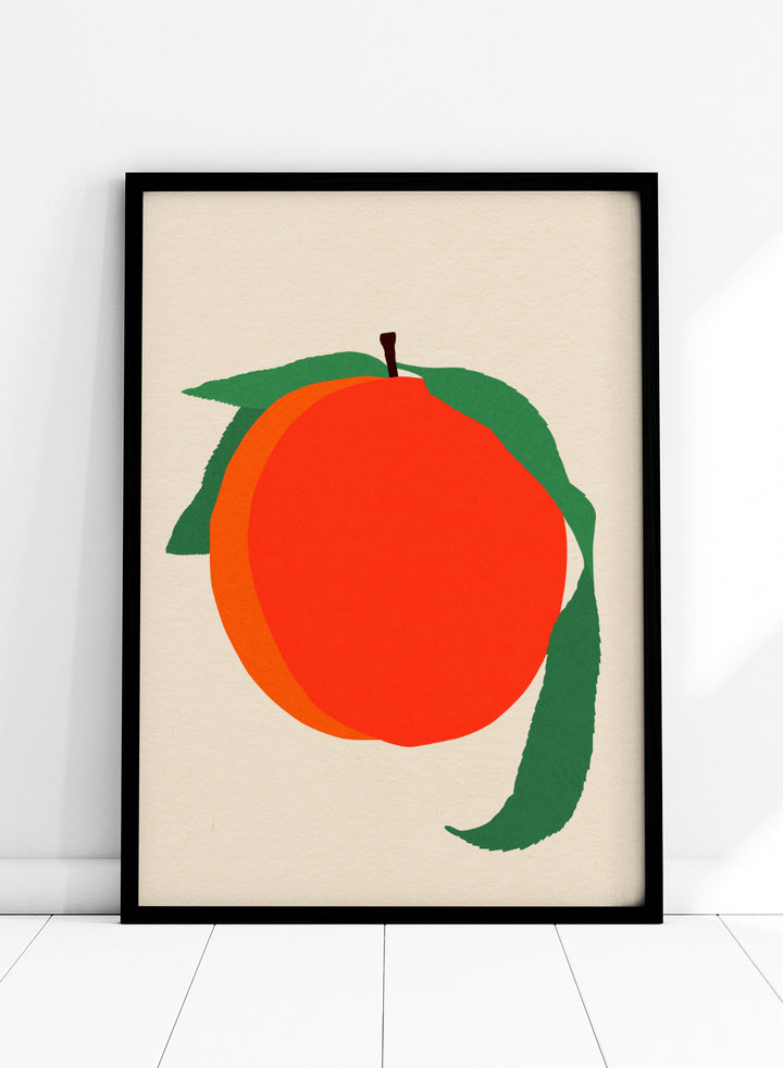 Illustration of a peach with green leaves on a beige background. Peach by Rosi Feist is a modern minimalist fruit art print with bold color and Bauhaus-inspired graphic design. Officially licensed fine art poster with framing.