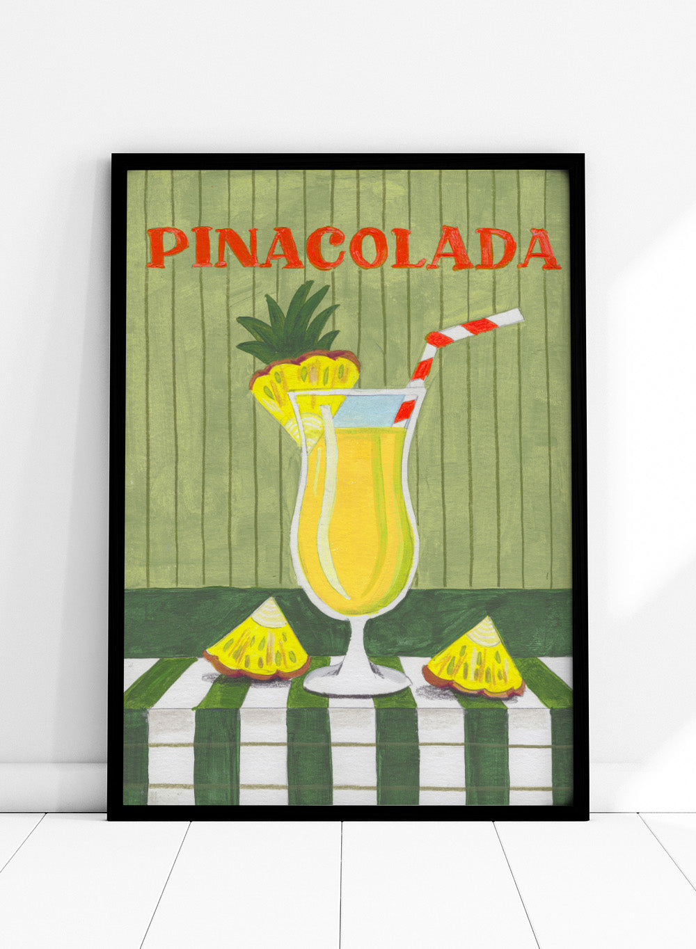 Illustration of a pina colada drink with pineapple slices on a checkered tablecloth. Piña Colada Summer Drink by Caroline Bonne Müller is a fine art print and wall poster of a pineapple cocktail with striped straw and green table setting.