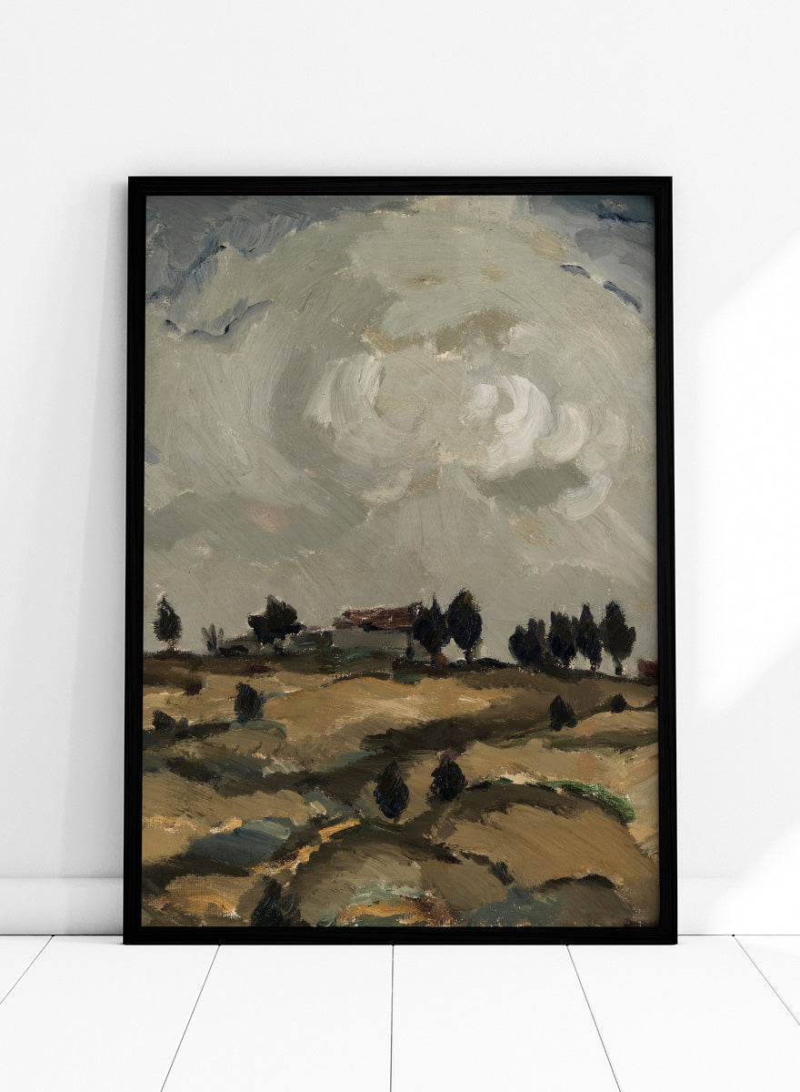 Shop Autumn Landscape with Clouds by Ilmari Aalto, a vintage Finnish landscape wall art print poster depicting rolling fields beneath a dramatic gray sky.
