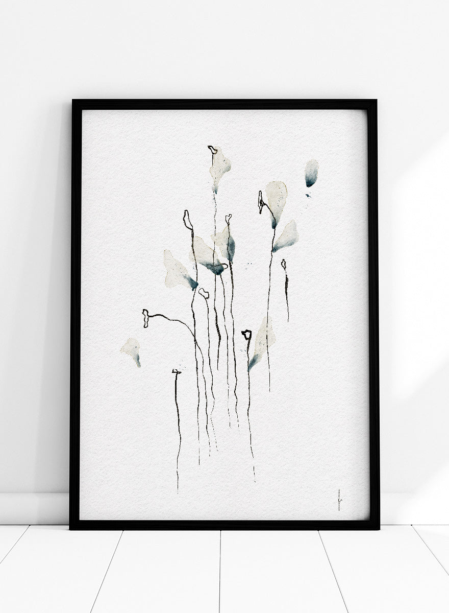 Minimalist watercolor floral art print featuring delicate calla lily-like stems and leaves in soft gray-green and black on textured white paper. Shop Delicate Abstract Flowers by Ankie Kooi, a modern floral wall art print poster with minimalist line art, abstract botanicals, soft blue, and green tones.