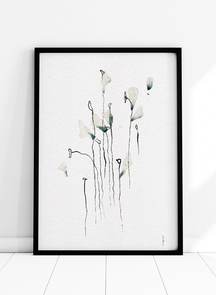 Minimalist watercolor floral art print featuring delicate calla lily-like stems and leaves in soft gray-green and black on textured white paper. Shop Delicate Abstract Flowers by Ankie Kooi, a modern floral wall art print poster with minimalist line art, abstract botanicals, soft blue, and green tones.