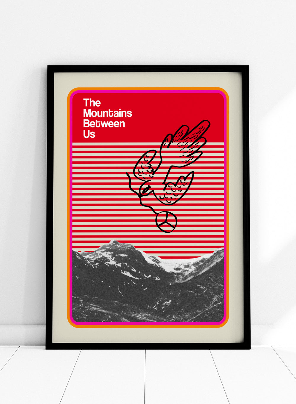Print of 'The Mountains Between Us' with a red and white striped pattern and mountain illustration. Mountains Between Us by Frances Collett art print featuring red graphic stripes, flying dove illustration, and mountain landscape. Officially licensed modern wall poster with optional framing.