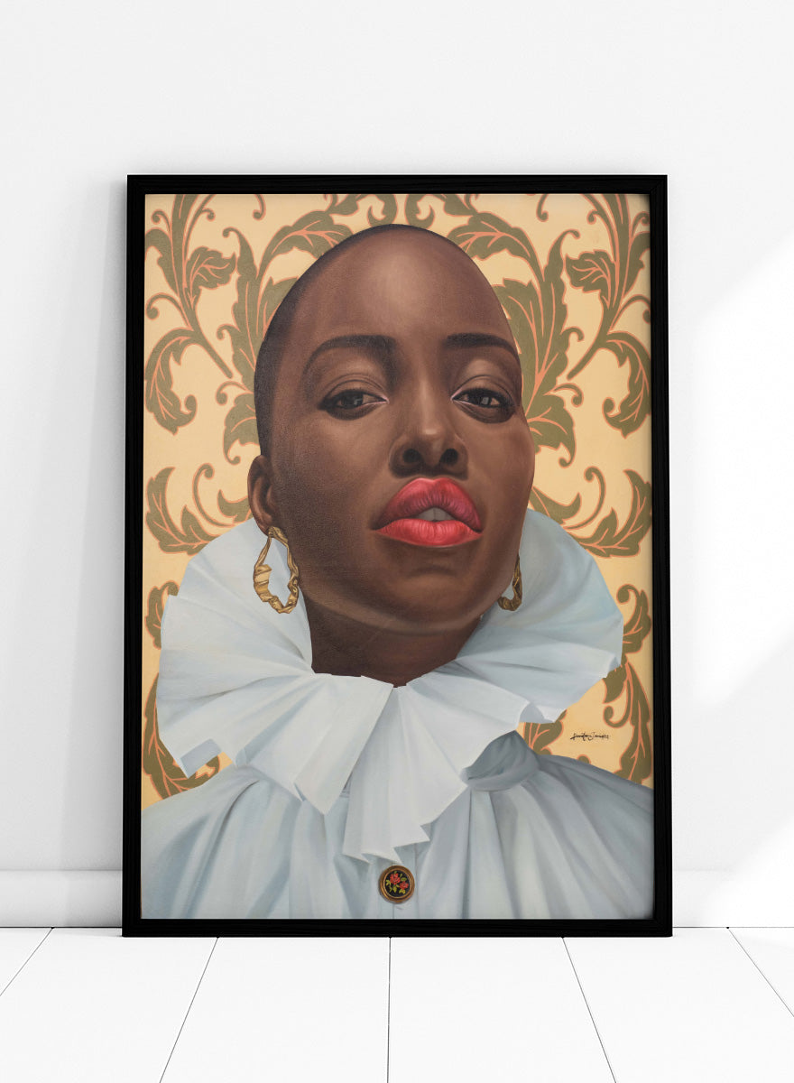 A portrait-style artwork of a person with a shaved head, wearing a large white ruffled collar and gold hoop earrings, set against an ornate beige and olive damask pattern. Shop Regal Woman Ruffled Collar by Damilare Jamiu, a contemporary Black portrait art print with a dramatic white collar, gold earrings, and warm cream tones.