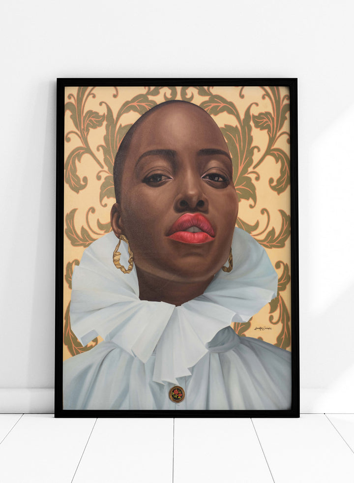 A portrait-style artwork of a person with a shaved head, wearing a large white ruffled collar and gold hoop earrings, set against an ornate beige and olive damask pattern. Shop Regal Woman Ruffled Collar by Damilare Jamiu, a contemporary Black portrait art print with a dramatic white collar, gold earrings, and warm cream tones.