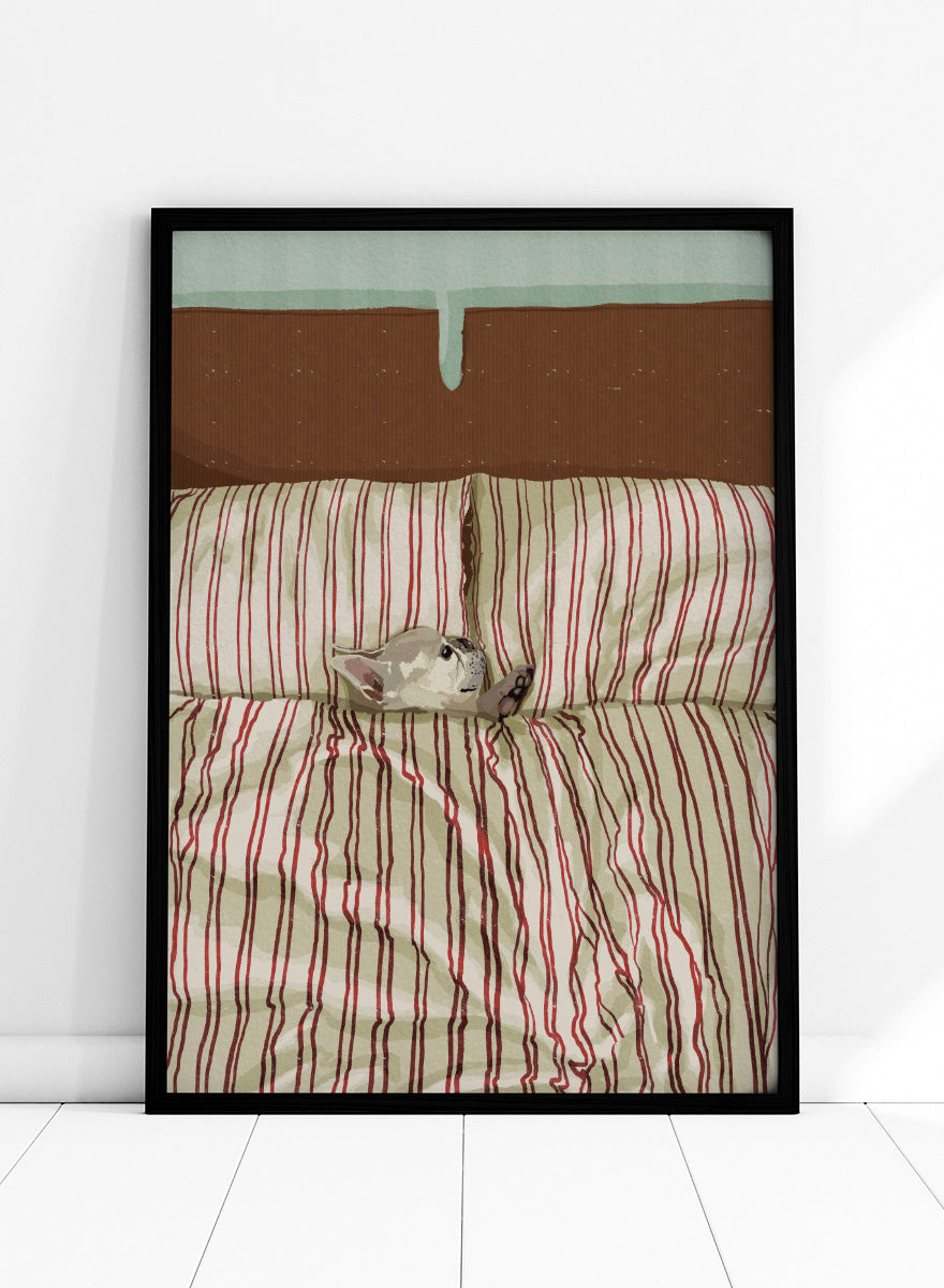 A cozy bed setup with beige and red striped bedding, two matching pillows, and a small gray cat curled up on the duvet. The background features a brown textured headboard and a mint green wall at the top. Shop Cozy Dog in Bed by Lisa Solomoniuk, a playful dog animal art print featuring a pup tucked into striped bedding with a warm, cozy bedroom feel.