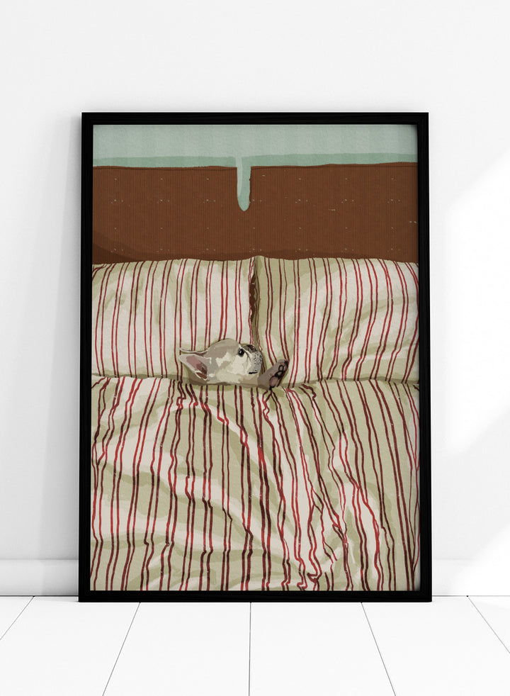 A cozy bed setup with beige and red striped bedding, two matching pillows, and a small gray cat curled up on the duvet. The background features a brown textured headboard and a mint green wall at the top. Shop Cozy Dog in Bed by Lisa Solomoniuk, a playful dog animal art print featuring a pup tucked into striped bedding with a warm, cozy bedroom feel.