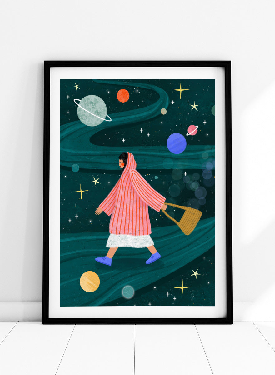 Shop Dreamy Space Walk by Bea Müller, a figurative wall art print poster featuring a woman walking through a whimsical outer space landscape in deep green tones.