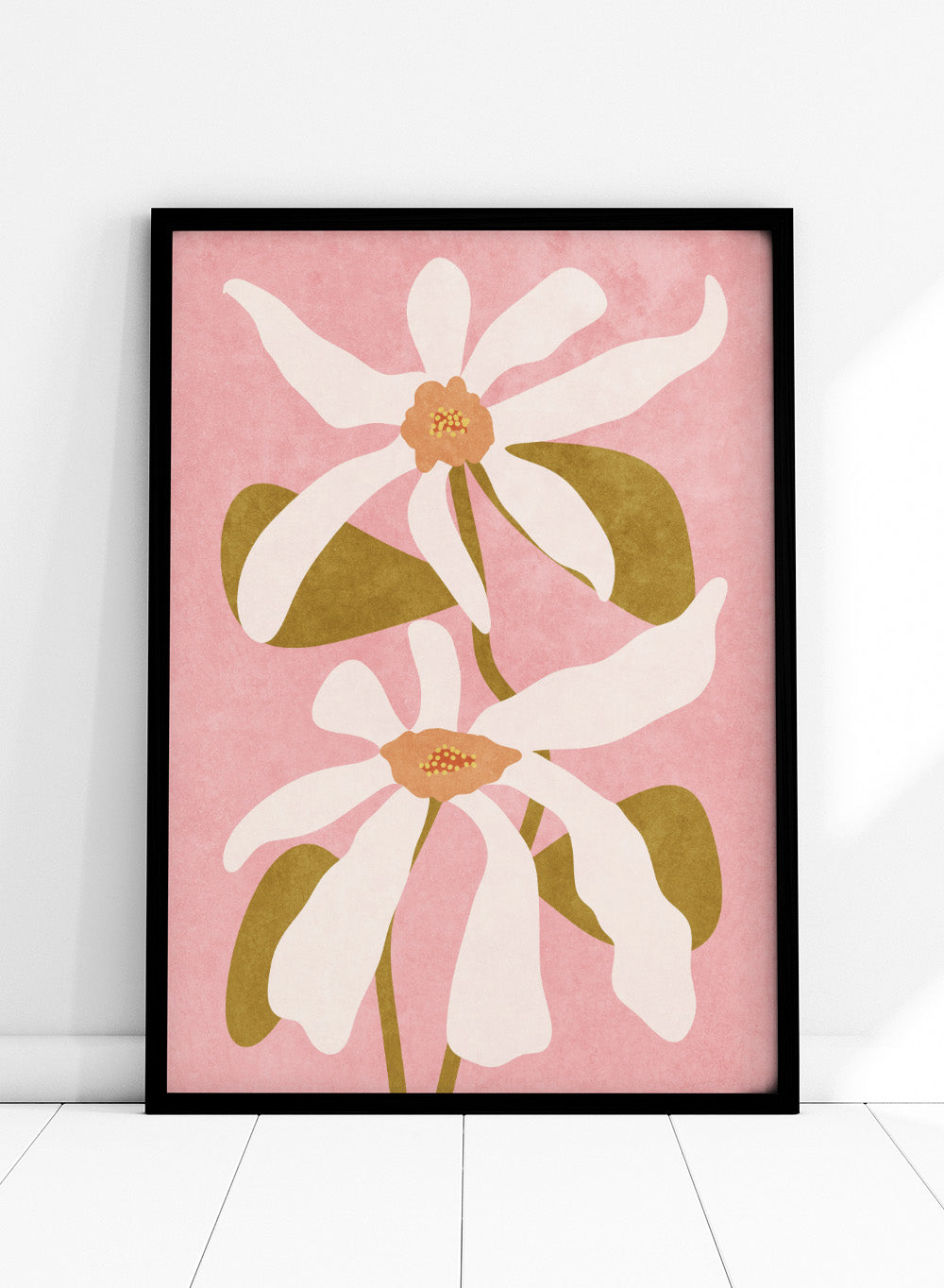 Two white flowers with green stems on a pink background. Abstract Flowers I by Raissa Oltmanns is a modern floral art print featuring white blooms on pink in contemporary botanical wall poster style.