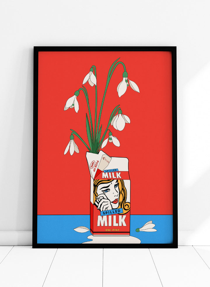 A stylized pop-art illustration of a milk carton with a woman&